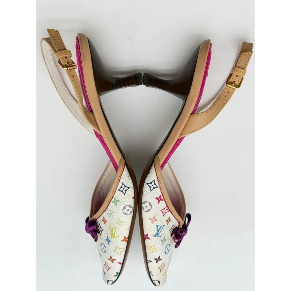Louis Vuitton Takashi Murakami Vintage White Monogram Slingback Heels EU 38 US 8